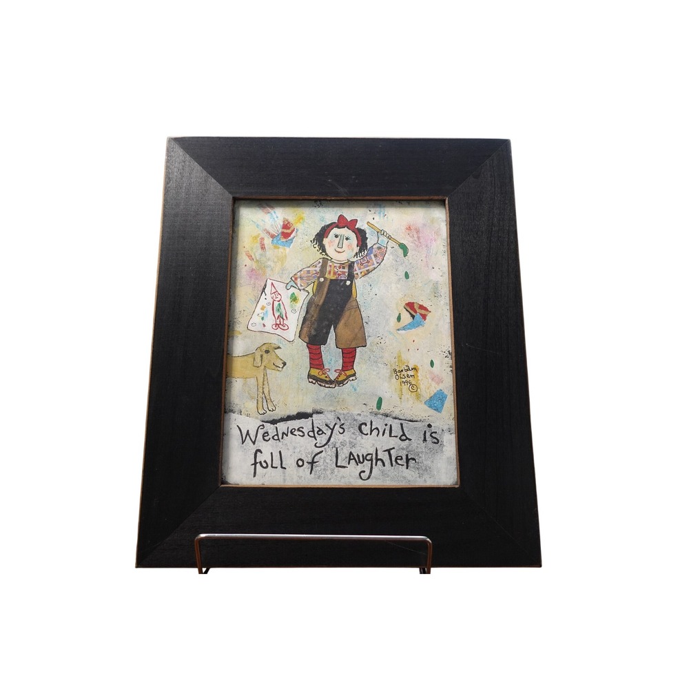 Barbara Olsen Folk Art Print Wednesdays Child Full of Laughter Black Wood Frame